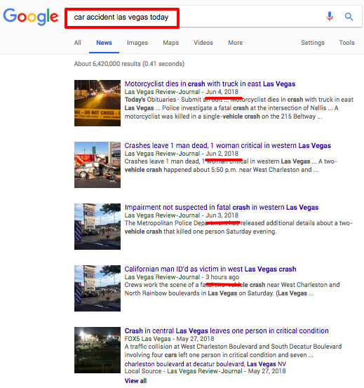 google news search result for car accident las vegas today