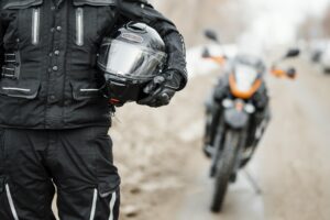 men riding motorcycle winter day. Beautiful photo