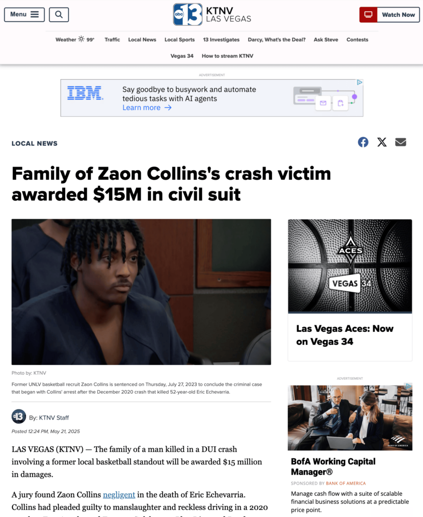 13 KTNV Las Vegas News coverage $15 Million Jury Verdict in Zaon Collins case
