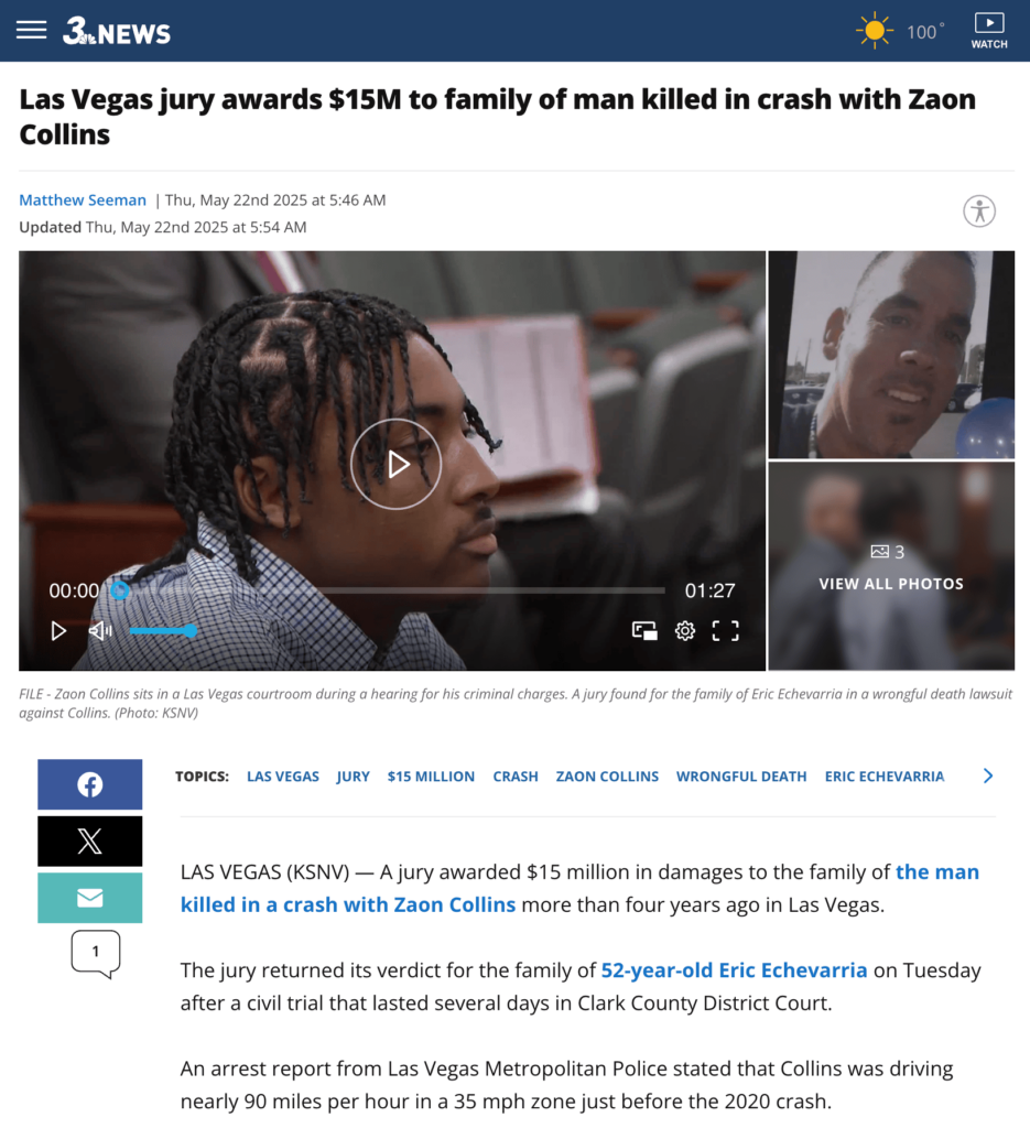 3 News Las Vegas coverage of jury verdict of $15M to family of man killed in crash with Zaon Collins