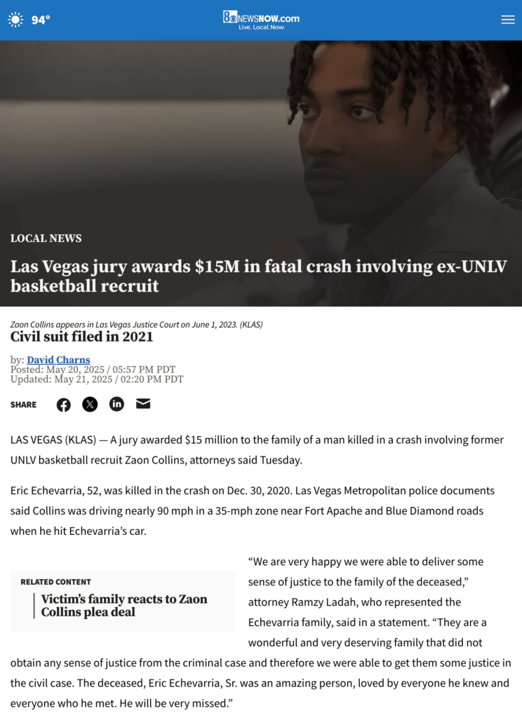 8newsnow coverage of Las Vegas jury awards $15M in fatal crash involving ex-UNLV basketball recruit