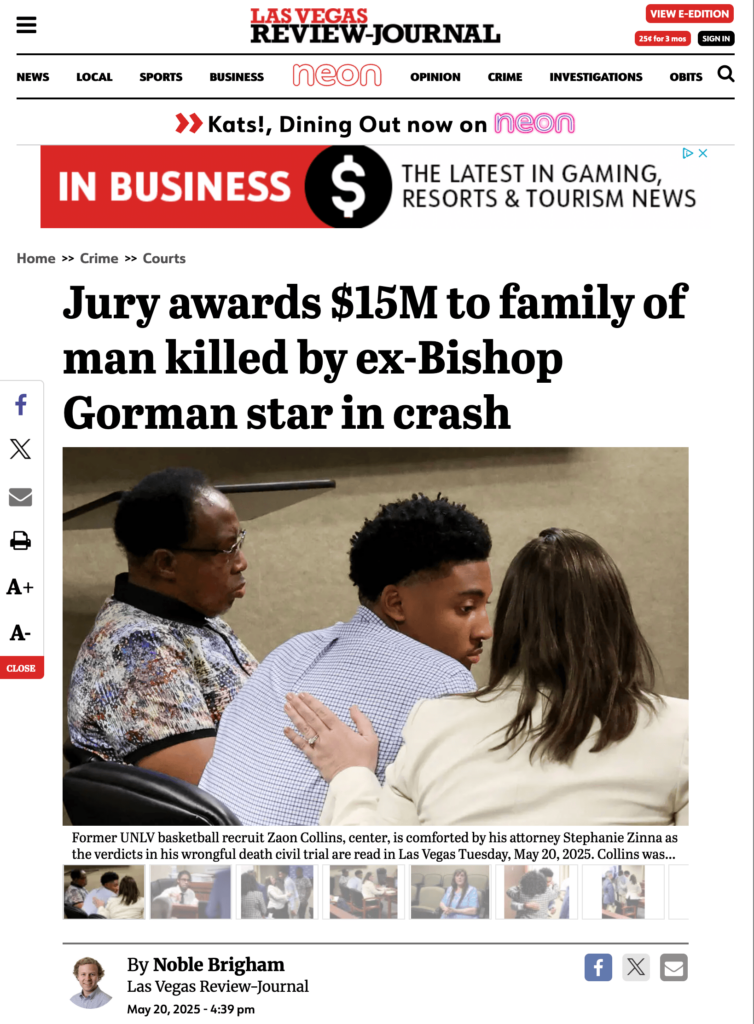 Las Vegas Review Journal coverage of Jury awards $15M to family of man killed by ex-Bishop Gorman star in crash