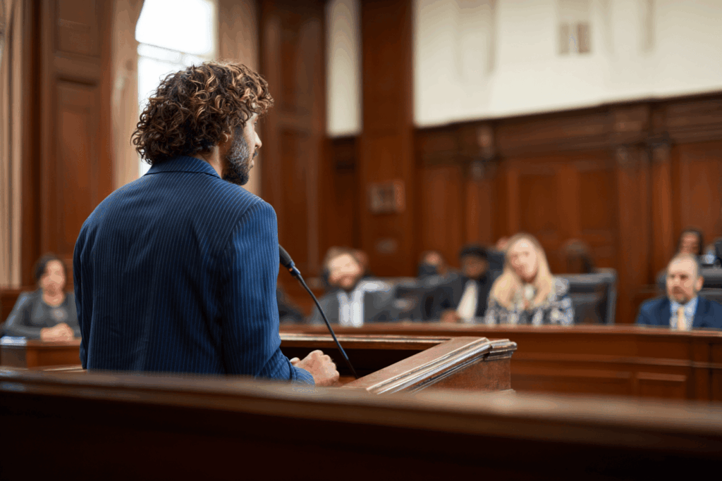 man providing witness statement during injury trial in court